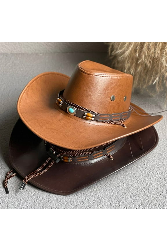 Retro Ethnic Style Belt Decor Faux Leather Western Cowboy Hat Women Men Vintage Gentleman Dress Hat Adjustable Cowgirl Jazz Hat