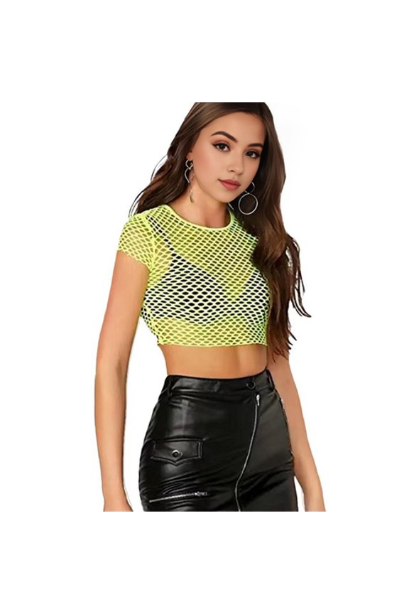 Sexy Sheer Mesh Crop Tops O-neck Short Sleeve Slim Fit Solid Color Perspective Short Top Navel Exposed Tee Shirt