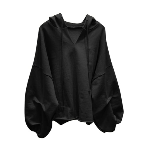 Skymirror Solid Color Drawstring Pullover Hoodie Autumn Batwing Sleeve V-Neck Women Sweatshirt Streetwear