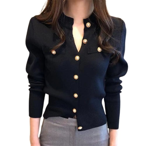 Skymirror Stand Collar Cardigan Sweater Decorative Pockets Women Faux Pearl Buttons Solid Color Knitted Coat Outerwear