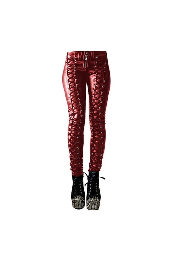Steampunk Women Faux Leather Cosplay Pants Carnival Party Skinny Button Trousers