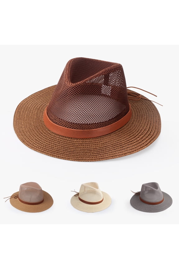 Strap Decor Adjustable Drawstring Hollow Out Cowboy Hat Man Breathable Holes Straw Sunshade Hat Adult Headwear