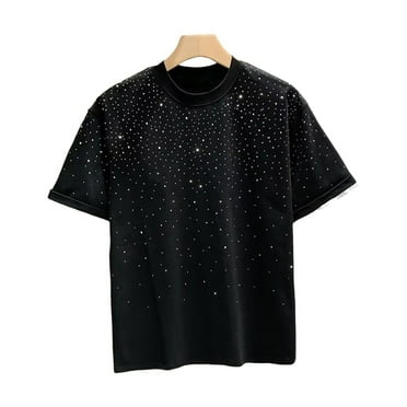 Skymirror Summer Couple T-shirt Rhinestone Decor Round Neck Plus Size Short Sleeves Loose Pullover Solid Color Mid Length Unisex Daily Top