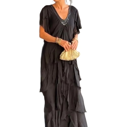 Skymirror Summer Women Evening Dress V Neck Sequin Patchwork Ripped Scattered Layered Solid Color Short Sleeves Loose Prom Party Maxi Dress