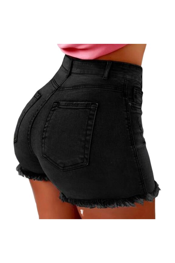 Summer Women Shorts High Waist Washed Retro Distressed Ripped Edge Solid Color Butt-lifted Slim Fit Side Pockets Casual Club Party Short Pants