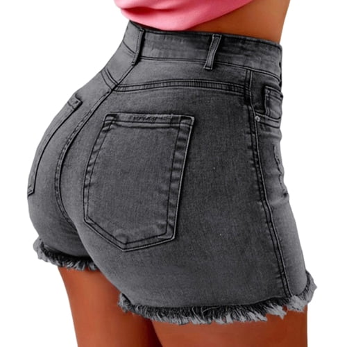 Skymirror Summer Women Shorts High Waist Washed Retro Distressed Ripped Edge Solid Color Butt-lifted Slim Fit Side Pockets Casual Club Party Short Pants