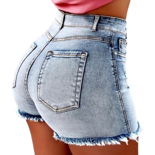 Skymirror Summer Women Shorts High Waist Washed Retro Distressed Ripped Edge Solid Color Butt-lifted Slim Fit Side Pockets Casual Club Party Short Pants