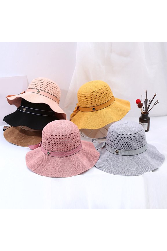 Sun Hat Folding Sun Protection Knitted Wide Brim Ribbon Bow Women Beach Hat for Outdoor