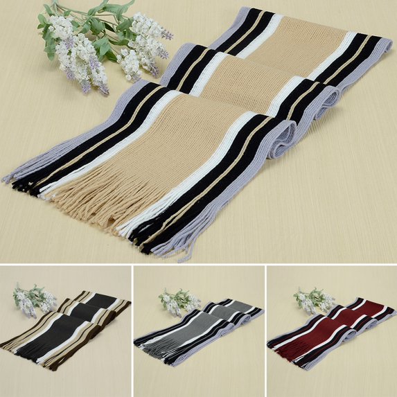 Skymirror Tassel Woolen Yarn Thick Men Scarf Winter Striped Contrast Color Warm Knitting Scarf Costume Accessories