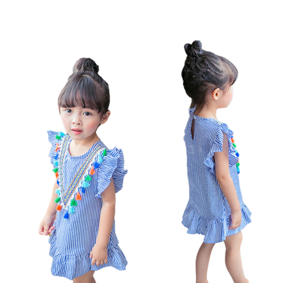 Skymirror Toddler Baby Girl Cotton Linen Stripe Dress Ruffle Sleeve Halter Ruffle Dress Tassel Breathable Summer Clothing Kids Casual Beach Dresses