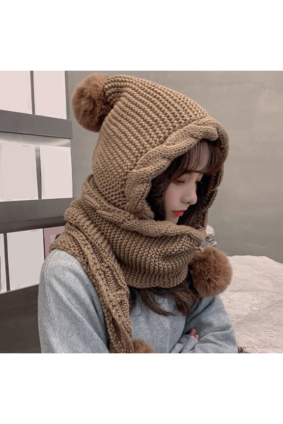 Twist Trim Ear Protection Solid Color Thickened Knitted Scarf Hat Women Winter Plush Balls Decor Hooded Scarf Costume Accessories
