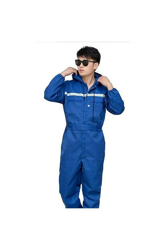Unisex Work Overalls Hooded Drawstring Wear-resistant Reflective Zipper Pockets Loose Safety Worker Coveralls Mechcanic Jumpsuit Auto Repairmen Dust-proof Working Uniform