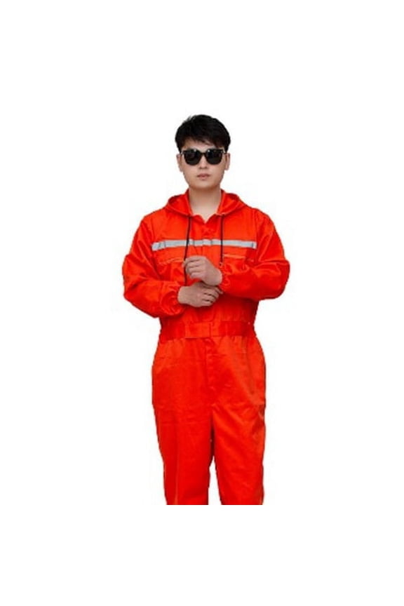 Unisex Work Overalls Hooded Drawstring Wear-resistant Reflective Zipper Pockets Loose Safety Worker Coveralls Mechcanic Jumpsuit Auto Repairmen Dust-proof Working Uniform