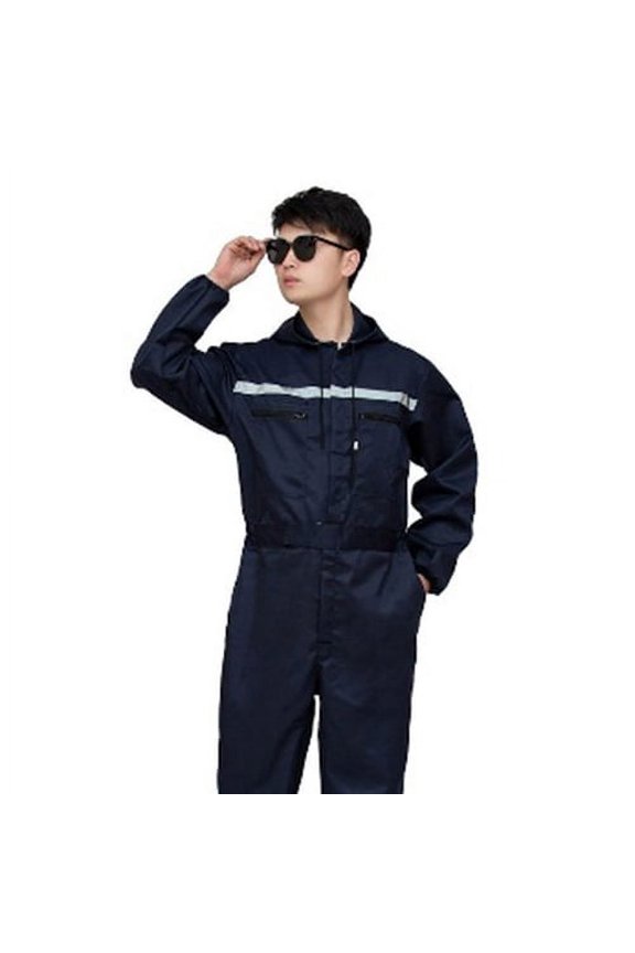 Unisex Work Overalls Hooded Drawstring Wear-resistant Reflective Zipper Pockets Loose Safety Worker Coveralls Mechcanic Jumpsuit Auto Repairmen Dust-proof Working Uniform