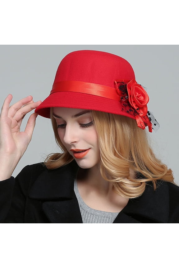 Vintage Women Solid Color Woolen Flower Decor Wide Brim Warm Cloche Bowler Hat