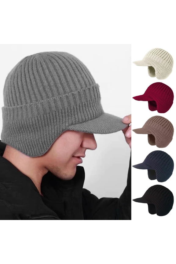 Winter Ear Protection Hat with Ear Flaps Knitted Long Brim Keep Warm Thick Elastic Anti-slip Solid Color Gift for Father Grandfather Outdoor Beanie