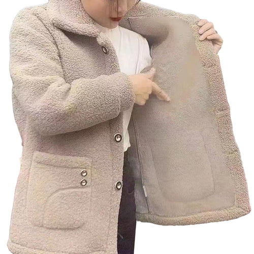 Skymirror Women Autumn Winter Solid Color Jacket Coat Lapel Long Sleeve Thickened Imitation Lamb Wool Cardigan Single Breasted Outwear Streetwear