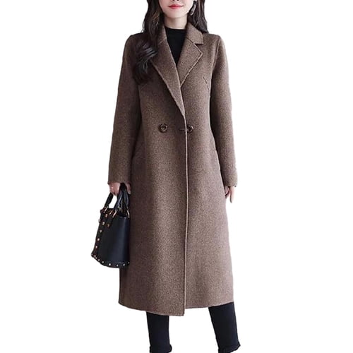 Skymirror Women Autumn Winter Solid Color Woolen Coat Lapel Long Sleeve Two Buttons Pockets Mid-length Woolen Cardigan Outwear