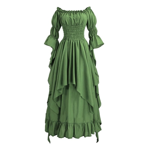 Skymirror Women Ball Gown Off Shoulder Gothic Long Horn Sleeves Irregular Layered Pleated Elastic Tight Waist Solid Color Retro Renaissance Party Prom Maxi Dress Princess Dress