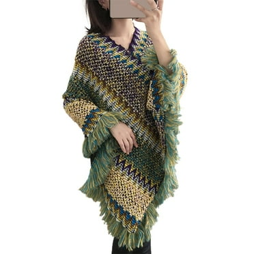 Skymirror Women Cape Coat Knitted Tassel Autumn Winter V Neck Colorful Irregular Hem Cloak Coat Sweater for Daily Wear
