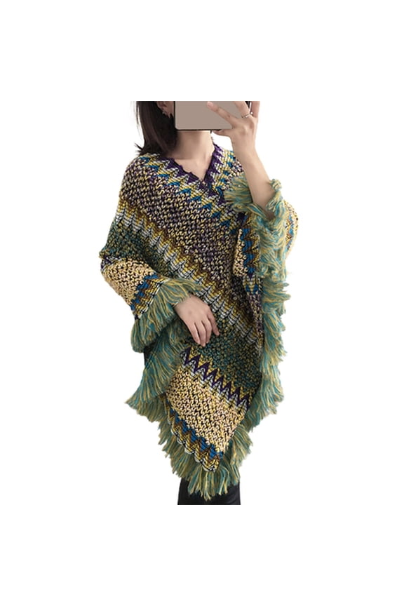 Women Cape Coat Knitted Tassel Autumn Winter V Neck Colorful Irregular Hem Cloak Coat Sweater for Daily Wear