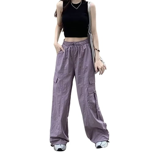Women Cargo Pants Elastic High Waist Adjustable Drawstring Long Trousers Solid Color Wide Leg Multi Pockets Sport Pants