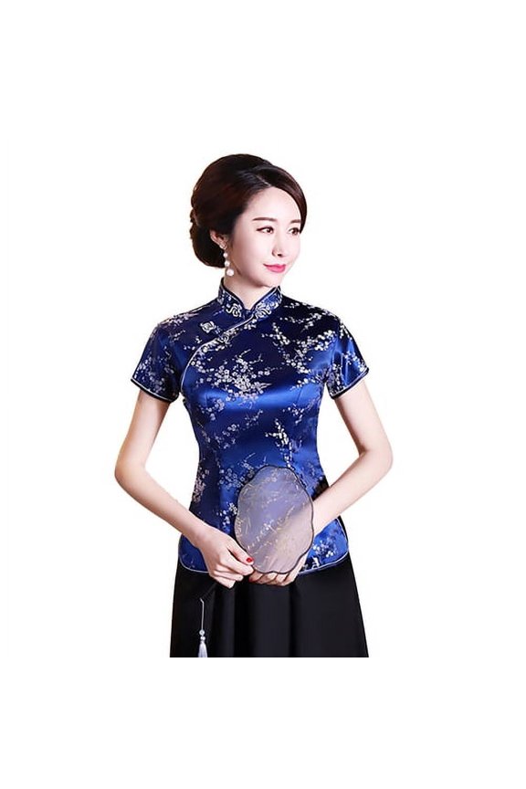 Women Chinese Plum Blossom Short Sleeve Stand Collar Buttons Slim Blouse Shirt