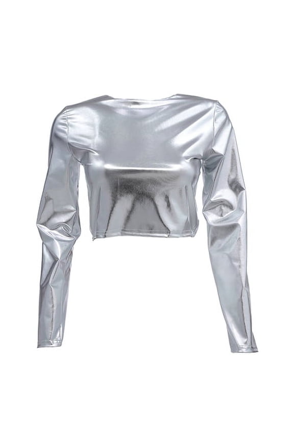 Women Club Top Glossy Faux Leather Half-high Collar Solid Color Waist-exposed Long Sleeve Skinny Pullover Elastic Nightclub Stage Show Party T-shirt Crop Top