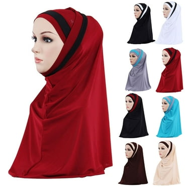 Skymirror Women Color Block Muslim Soft Hijab Wrap Polyester Islamic Scarf Cap Headwear