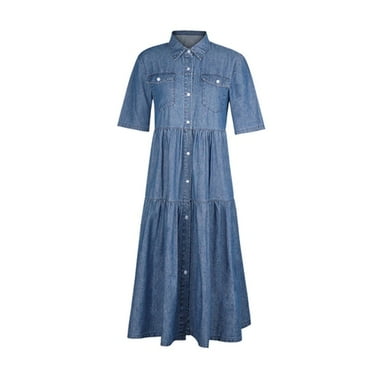 Skymirror Women Denim Dress Short Sleeve Single-breasted Turn Down Collar Pockets Loose Maxi Dress for Office