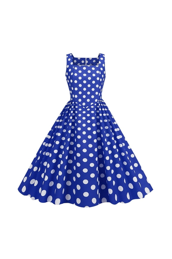 Women Dress Retro A-line Big Swing Tight High Waist Sleeveless Square Neck Dot Print Back Zipper Contrast Color 50s 60s Party Wedding Prom Ball Gown Summer Midi Dress