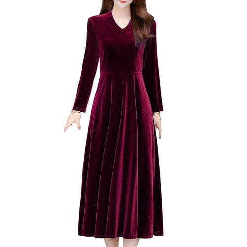 Skymirror Women Dress Solid Color Soft Long Sleeves Round Neck Big Hem Warm Mid-calf Length Plus SIze Lady Prom Dress Female Garment