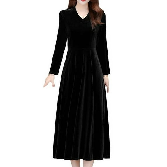 Skymirror Women Dress Solid Color Soft Long Sleeves Round Neck Big Hem Warm Mid-calf Length Plus SIze Lady Prom Dress Female Garment