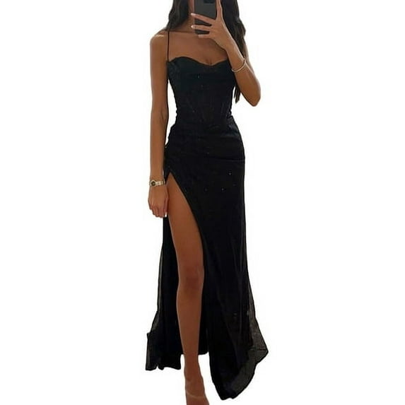 Skymirror Women Evening Dress Spaghetti Strap Shiny Sequin Sleeveless Off Shoulder Low-cut High Split Loose High Waist Floor Length Lady Prom Dress