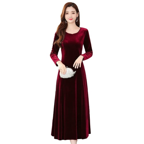 Skymirror Women Fall Winter Dress Big Swing Solid Color Round Neck Long Sleeve A-line Soft Warm Thick Pullover Lady Prom Party Evening Dress