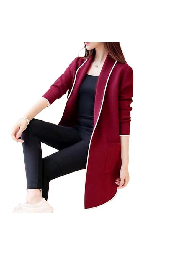 Women Fall Winter Jacket Open Stitch Cardigan Long Sleeve Mid Length Solid Color Loose Pockets Lapel Lady Warm Coat