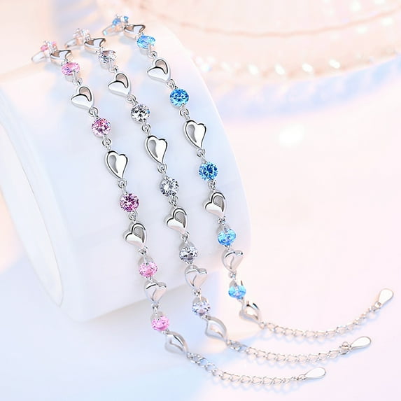 Skymirror Women Fashion Bracelet Heart Rhinestone Charm Chain Bracelet Zinc Alloy Bracelet Wrist Jewelry for Valentine's Day Birthday Party