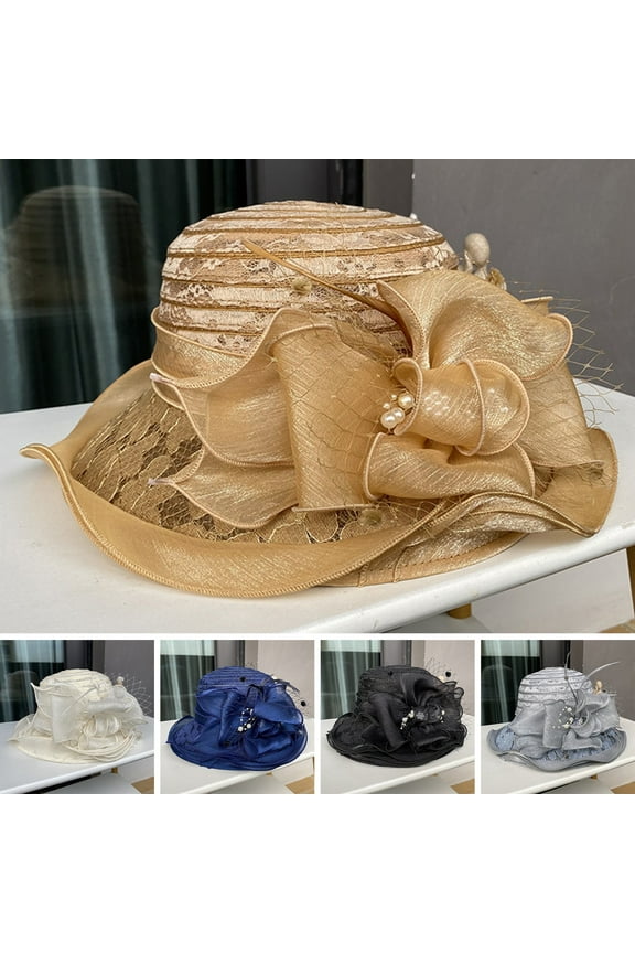 Women Fisherman Hat Organza Lace Bow Faux Pearl Feather Decor Vintage Royal Style Flat Top Anti UV Sun Prom Party Formal Occasion Cap