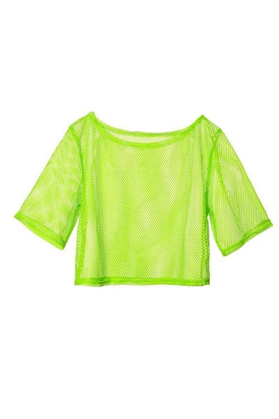 Women Fishnet T-Shirt Hollow Out Solid Color Loose Round Neck Three Quarter Sleeve Pullover See-through Nightclub Party Dance Top