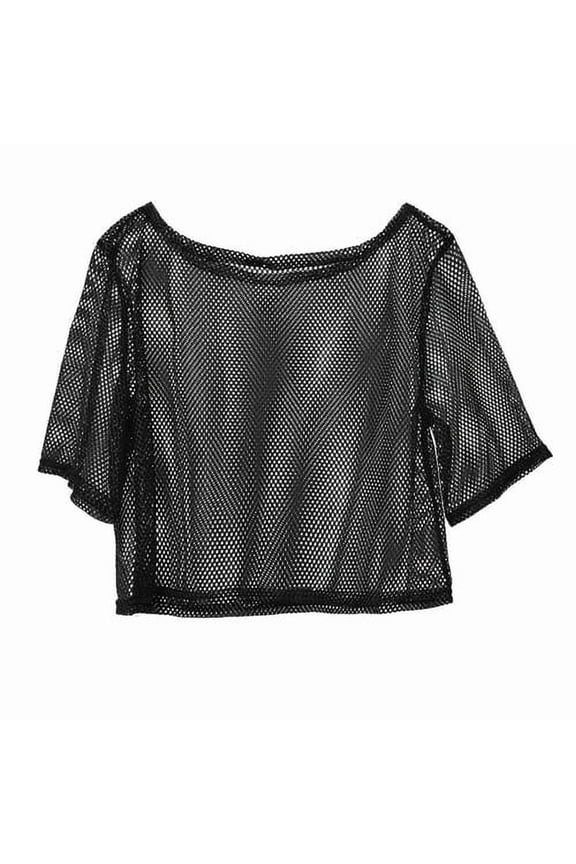 Women Fishnet T-Shirt Hollow Out Solid Color Loose Round Neck Three Quarter Sleeve Pullover See-through Nightclub Party Dance Top