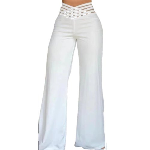 Skymirror Women Hollow Wide Waistband Long Pants High Waist Solid Color Wide Leg Flared Trousers Yoga Sport Gym Pants