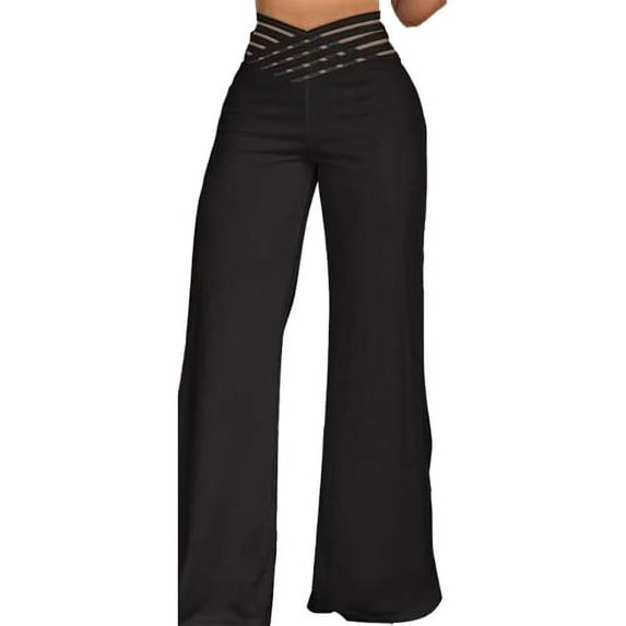 Skymirror Women Hollow Wide Waistband Long Pants High Waist Solid Color Wide Leg Flared Trousers Yoga Sport Gym Pants