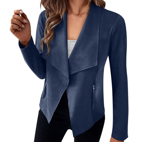 Skymirror Women Jacket Solid Color Loose Zipper Pockets Loose Lapel Vintage Faux Suede Open Stitch Long Sleeve Smooth Windproof Lady Coat