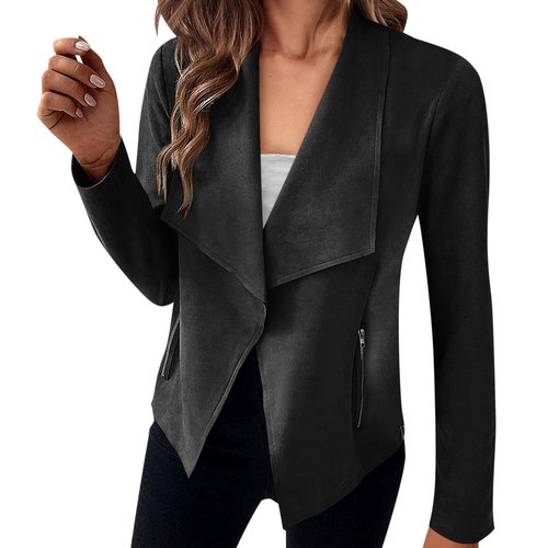 Skymirror Women Jacket Solid Color Loose Zipper Pockets Loose Lapel Vintage Faux Suede Open Stitch Long Sleeve Smooth Windproof Lady Coat