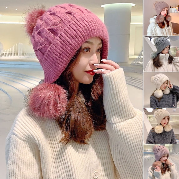 Skymirror Women Knitted Hat Three Pompoms Solid Color Brimless Windproof Autumn Winter Thermal Beanie Hat Ear Flap Hat Daily Wear