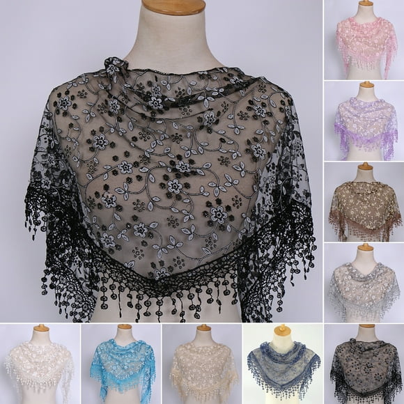Skymirror Women Lace Scarf Tassel Design Flower Pattern Church Triangle Scarf Prayer Shawl Daily Wear