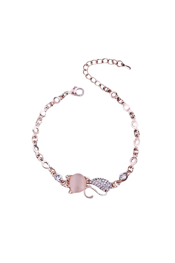 Women Ladies Lovely Cat Pendant Opal Rhinestone Bangle Bracelet Chain Jewelry for Daily Life