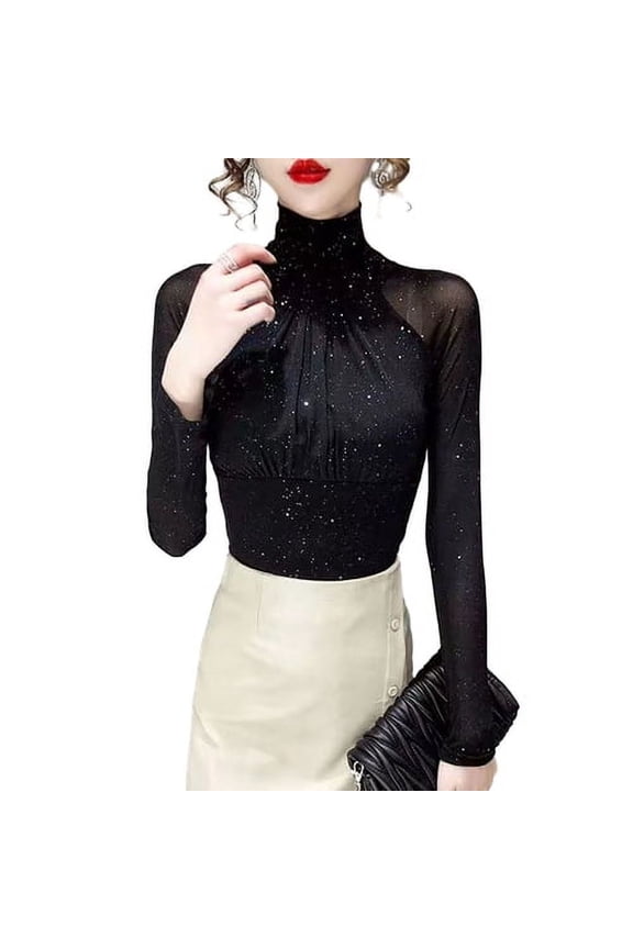 Women Long Sleeves Top Sexy Black Vintage French Pleated Mock Turtleneck Solid Color Slim Fit Soft Stretch Ladies Female Long Sleeves Shirt Undershirt