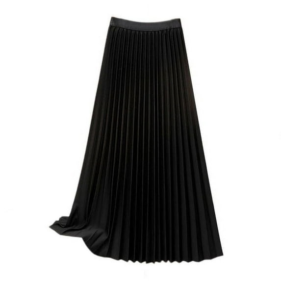 Skymirror Women Maxi Skirt Elastic High Waist Pleated Skirt Solid Color Smooth Satin A-Line Skirt Work Leisure Wear