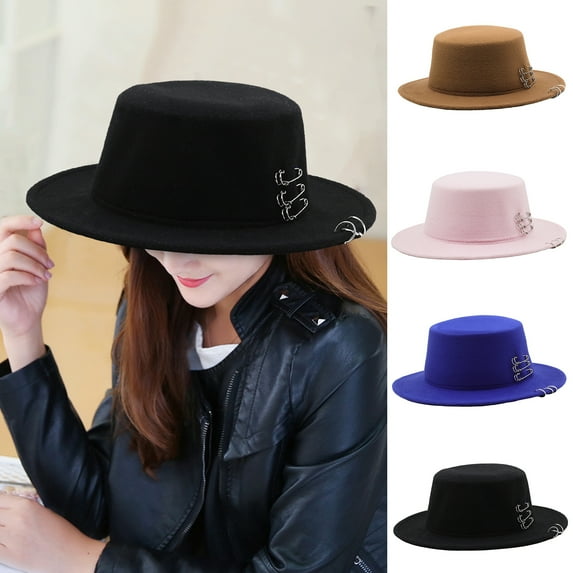 Skymirror Women Men Fedora Hat Retro Flat Top Pin Decorated Solid Color Unisex Sunscreen Woolen Flat Brim Boater Hat Clothes Accessory